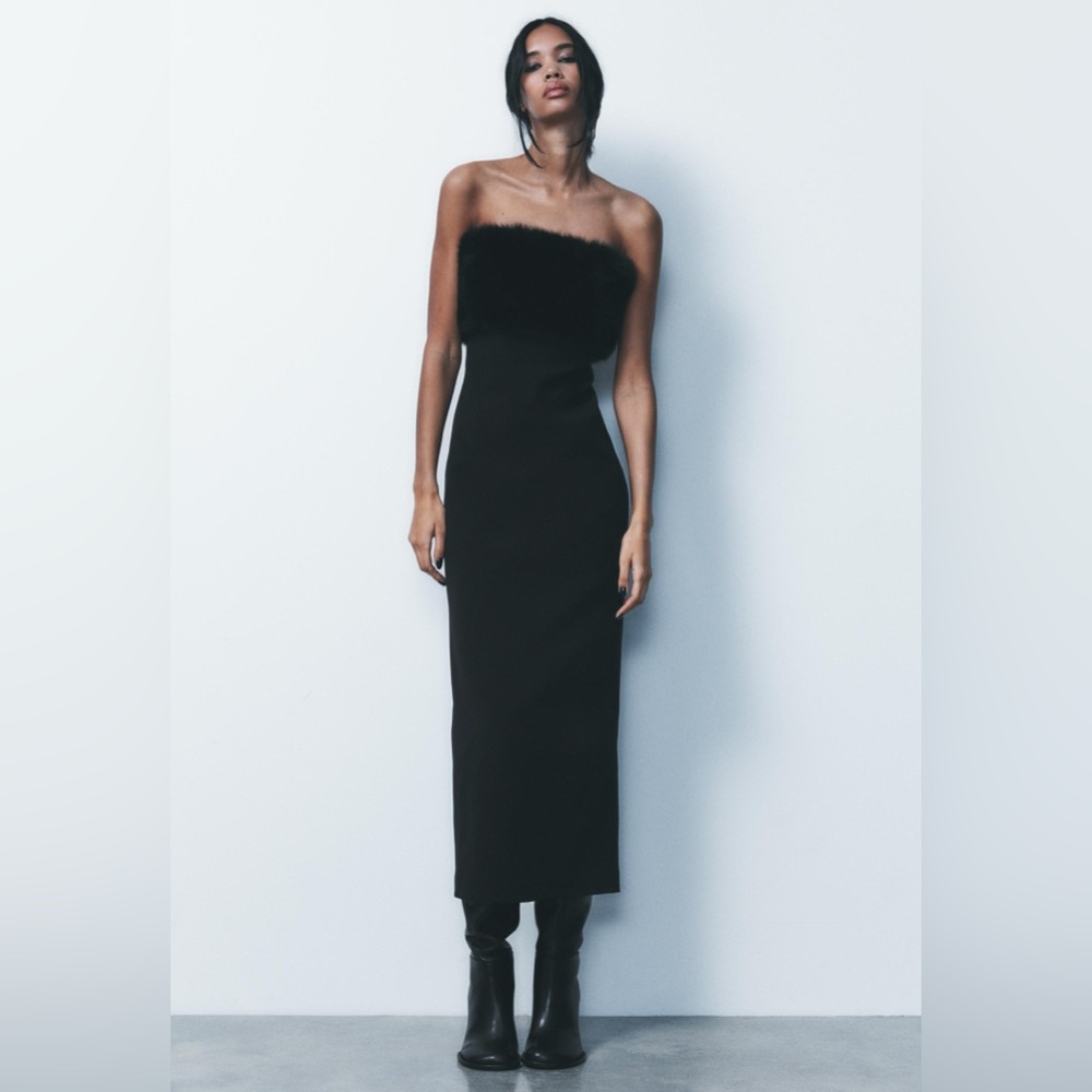 Zara contrasting, Fur Midi Elegant Black Strapless Dress ABSOLUTELY STUNNING❣️